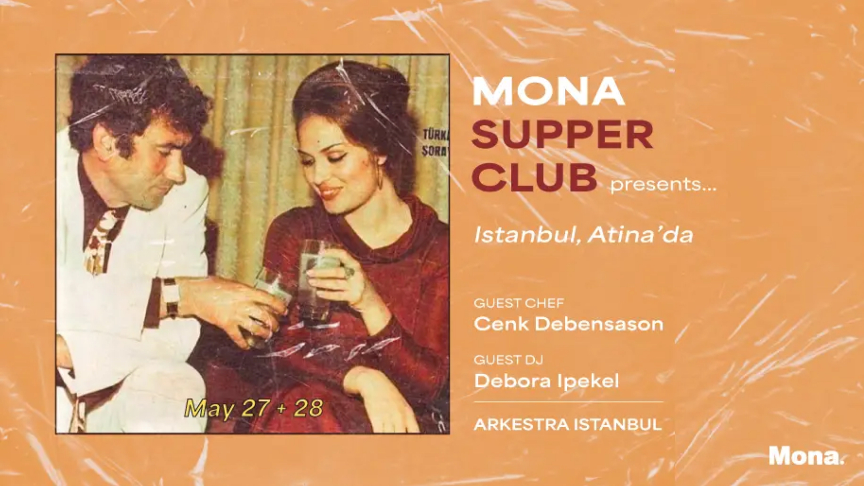 Original Mona Supper Club poster for Istanbul, Atina’da, featuring guest chef Cenk Debensason and guest DJ Debora Ipekel
